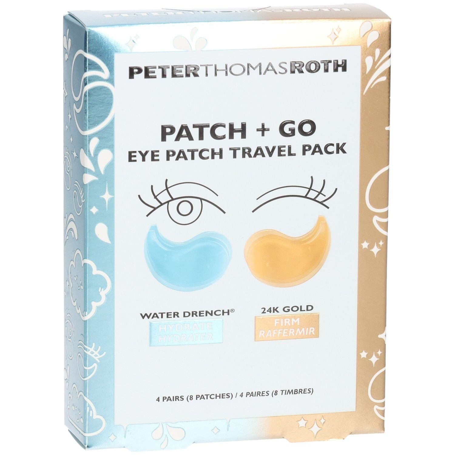 Emballage Peter Thomas Roth Patch + Go Eye Patch Travel Pack, face avant avec patchs oculaires bleus et dorés, texte.