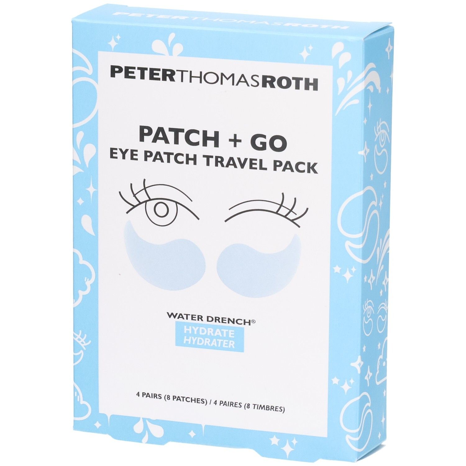 Peter Thomas Roth Patch + Go Eye Patch Travel Pack. Boîte bleue avec illustrations d'yeux et 4 paires de patchs.
