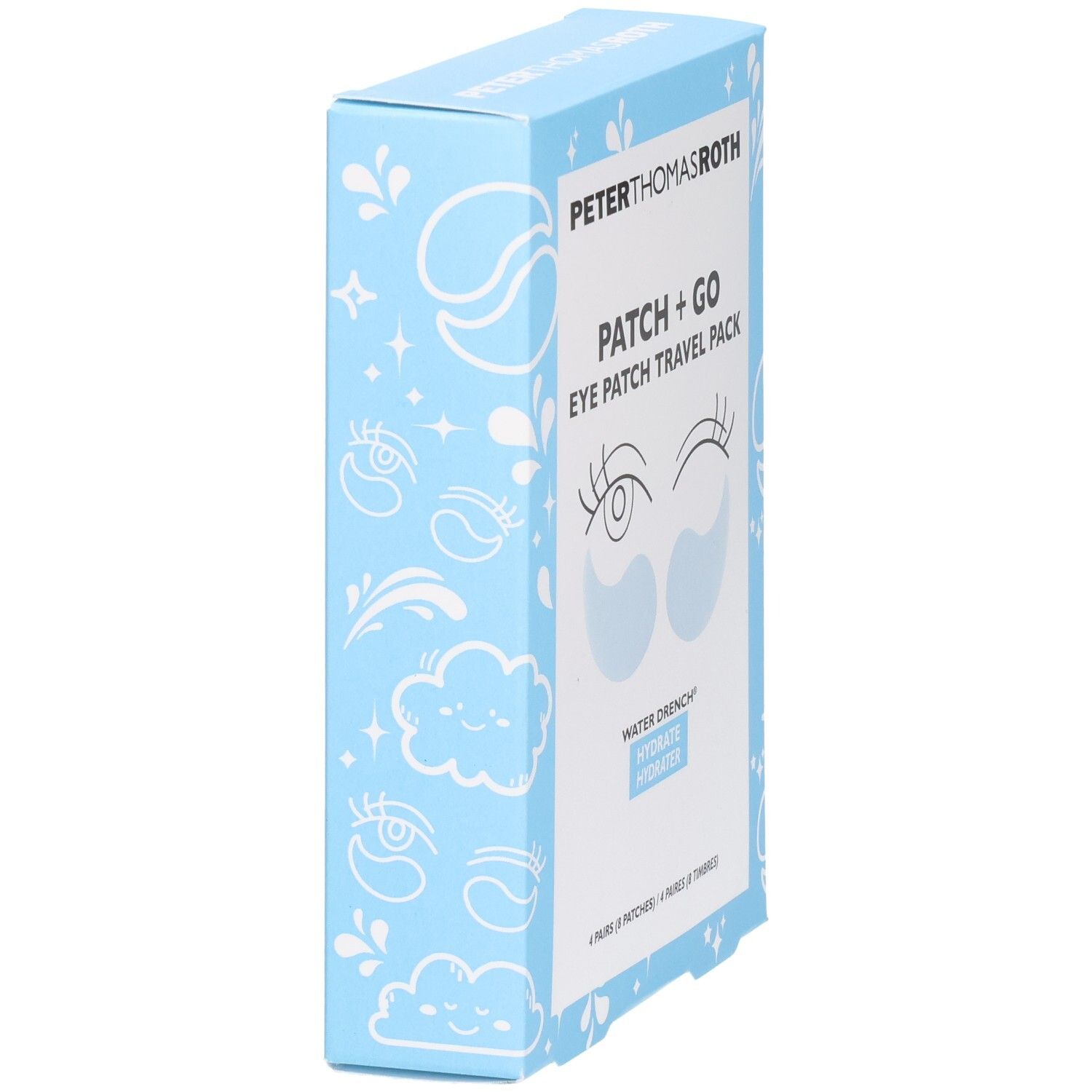 Peter Thomas Roth Patch + Go Eye Patch Travel Pack. Vue latérale de la boîte bleue avec illustrations d'yeux.