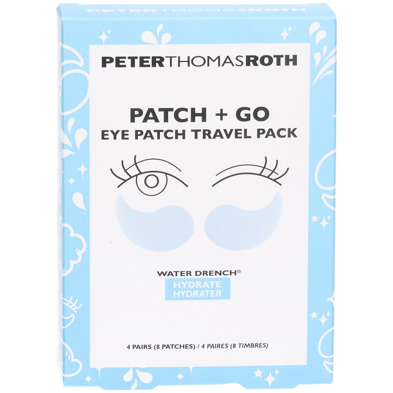 Peter Thomas Roth Patch + Go Eye Patch Travel Pack. Boîte bleue avec illustrations d'yeux et 4 paires de patchs.