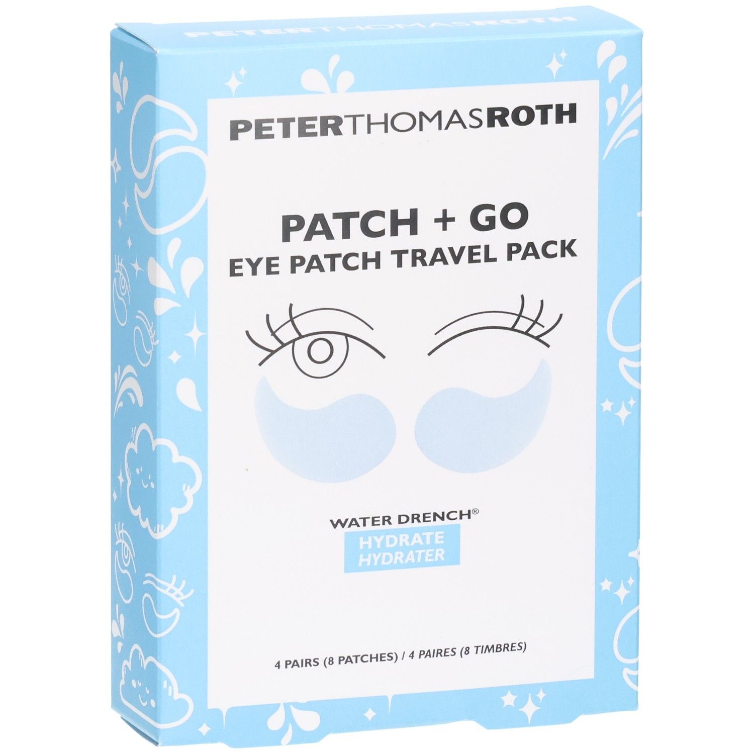 Peter Thomas Roth Patch + Go Eye Patch Travel Pack. Boîte bleue avec illustrations d'yeux et 4 paires de patchs.