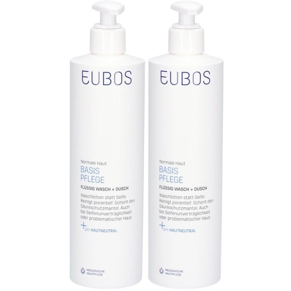 Deux flacons pompe blancs Eubos Basis Pflege Flüssig Wasch + Dusch, 5% pH neutre.