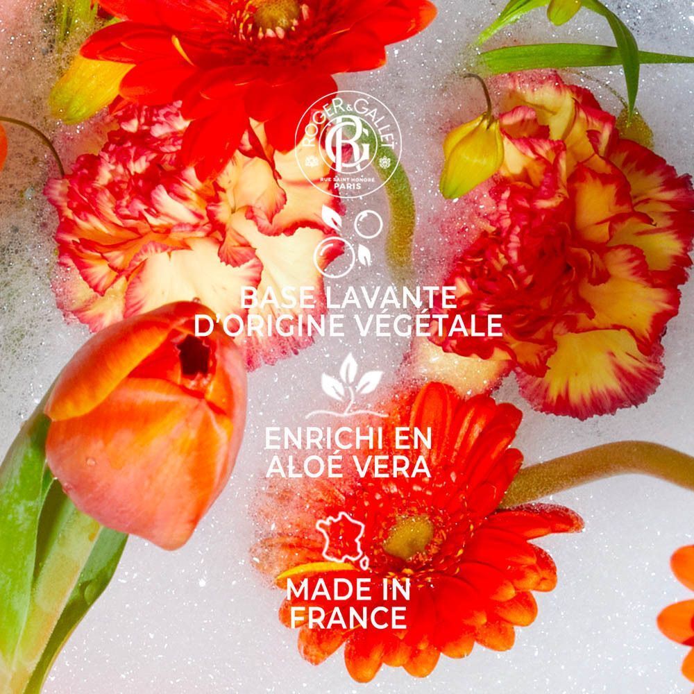Gel douche Roger & Gallet Fleur d'Osmanthus, base lavante végétale, enrichi en aloe vera.