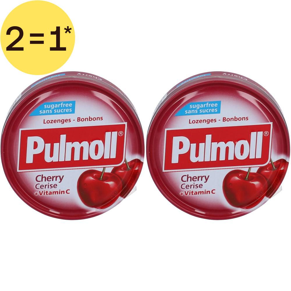 Deux boîtes rondes de bonbons Pulmoll Cerise + Vitamine C, sans sucre. Offre 2=1.