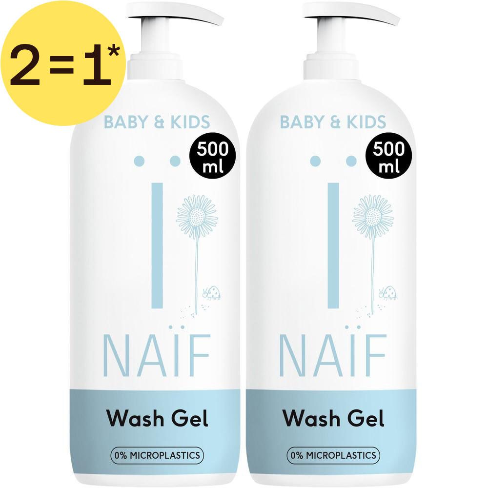 Deux flacons pompe blancs NAÏF® Baby & Kids Gel Lavant Douche, 500ml.