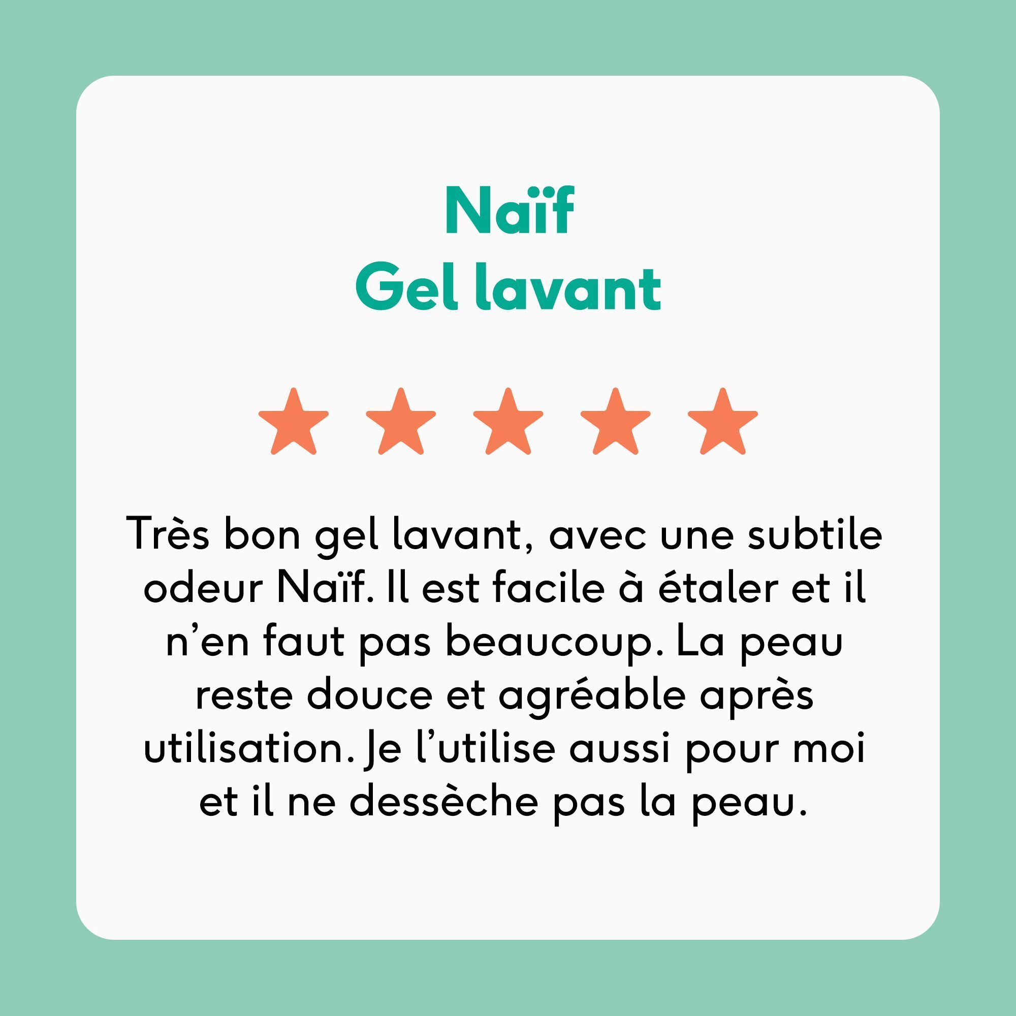Tube et flacon NAÏF® Baby & Kids Gel Lavant sur serviette bleue, texte : 'Doux pour les peaux sensibles, 0% microplastiques'.