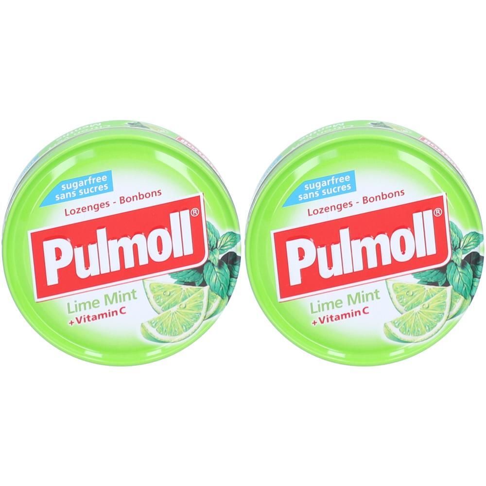 Deux boîtes vertes Pulmoll® de bonbons Citron vert-Menthe et Vitamine C.