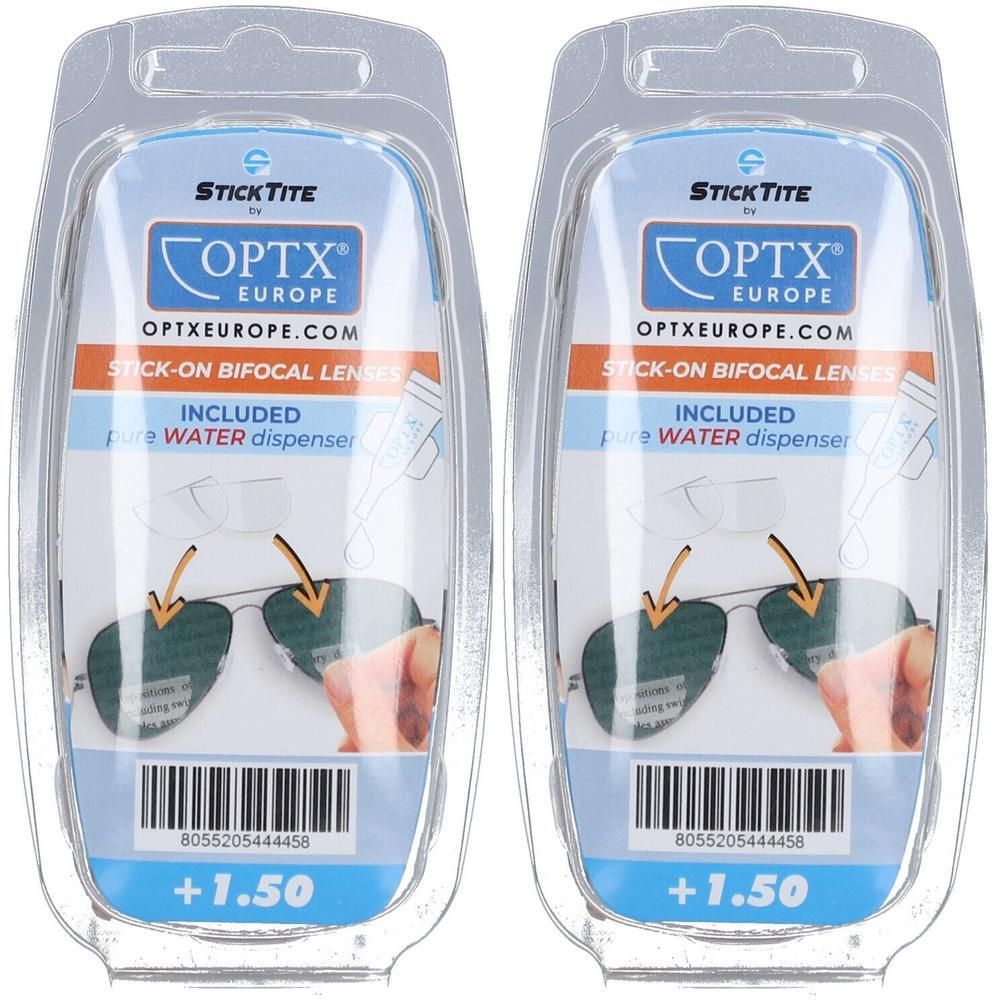 Deux paquets de lentilles bifocales adhésives StickTite +1,50 avec distributeur d'eau.