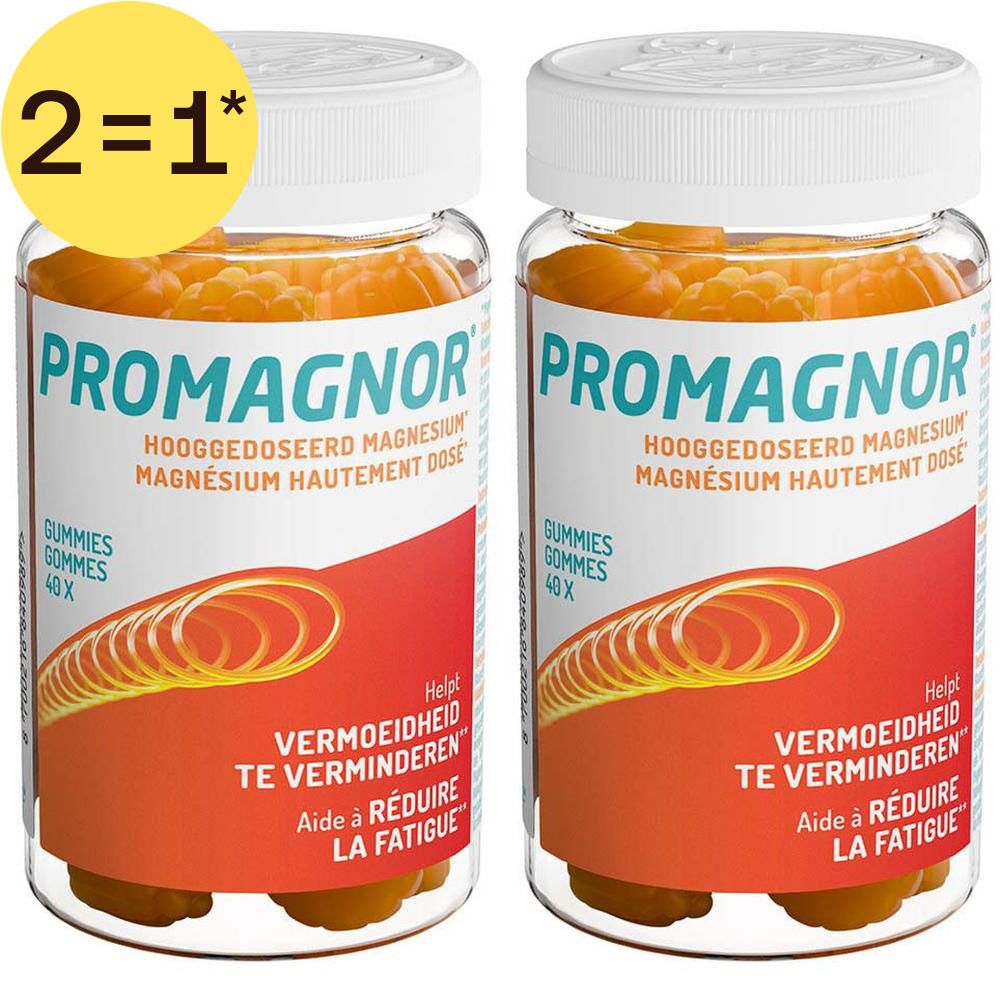 Deux bouteilles de Promagnor® Magnésium haute dose 150 mg gommes.