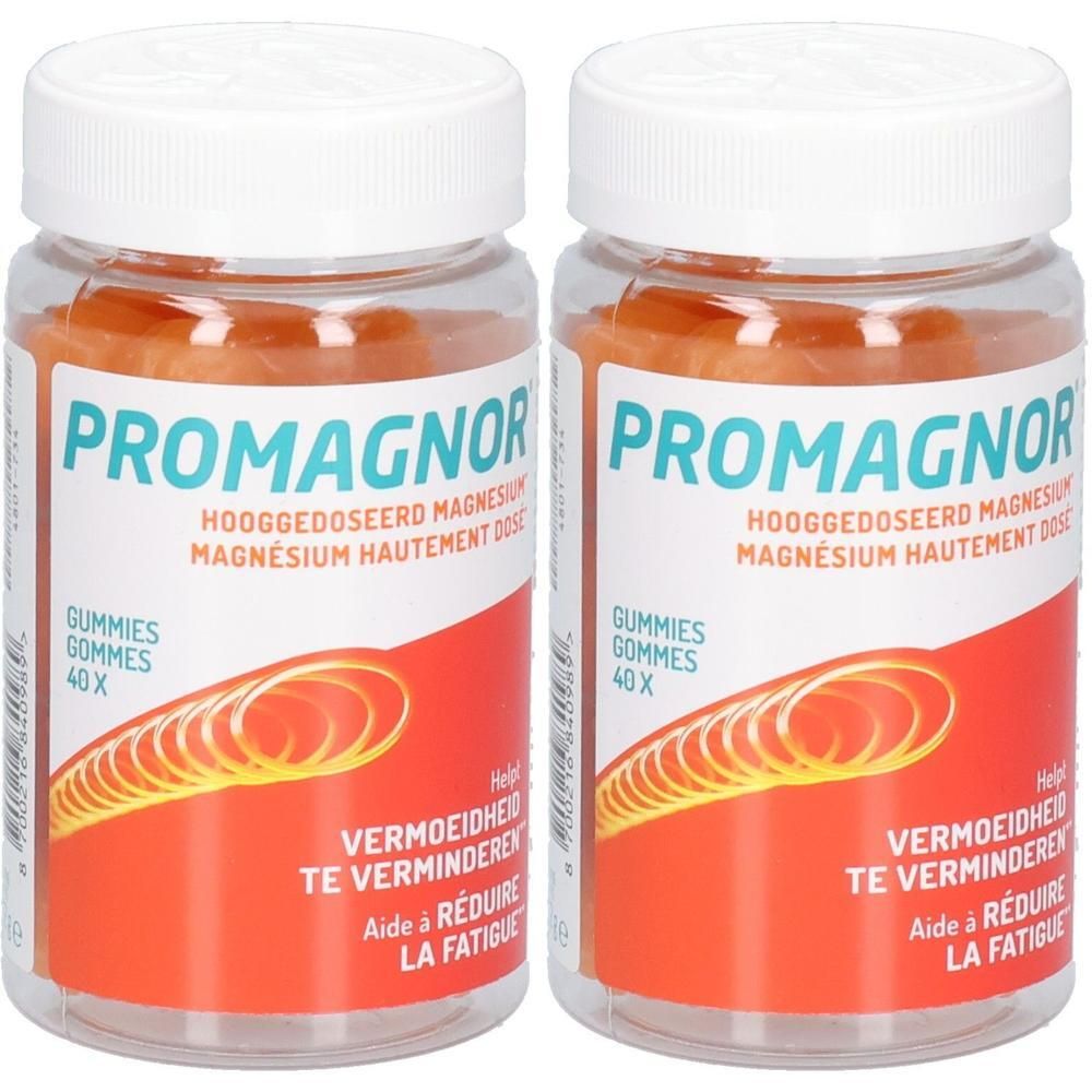 Deux flacons de Promagnor Gommes, 40 pièces chacun. Magnésium hautement dosé pour réduire la fatigue.