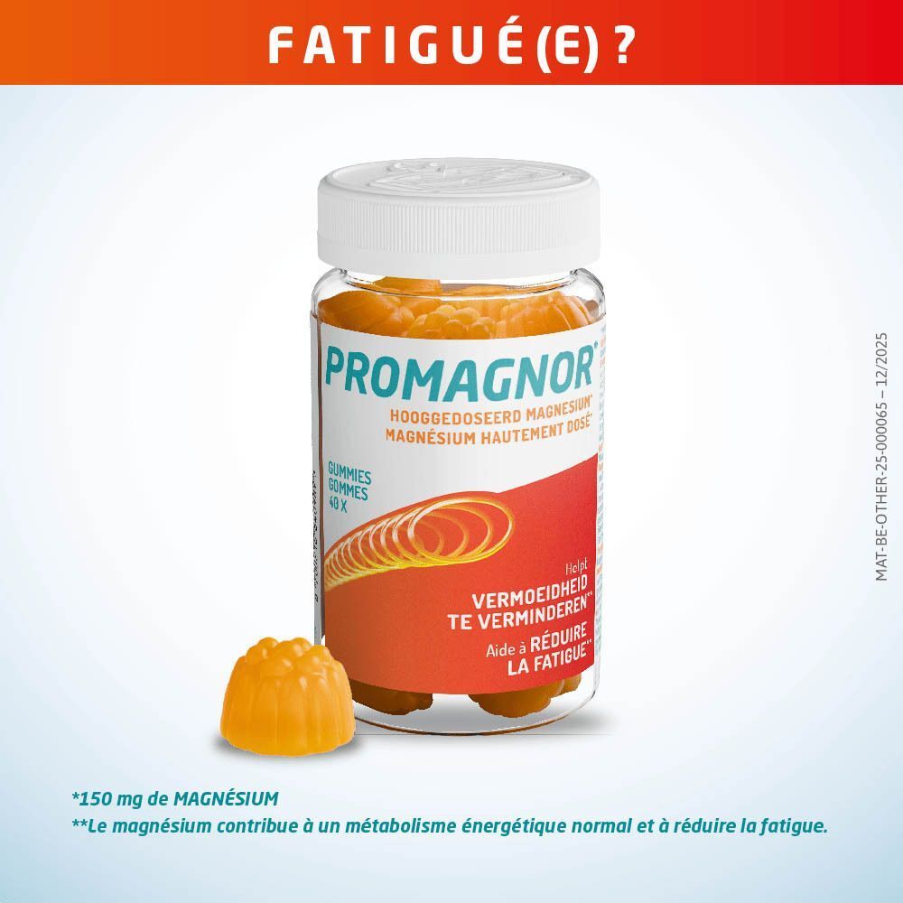 Une bouteille de Promagnor® Magnésium haute dose 150 mg gommes avec une gomme individuelle à côté.