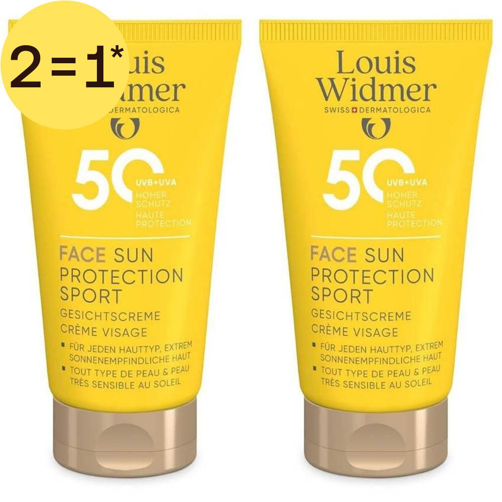 Deux tubes jaunes Louis Widmer Face Sun Protection Sport SPF50 avec texte français.