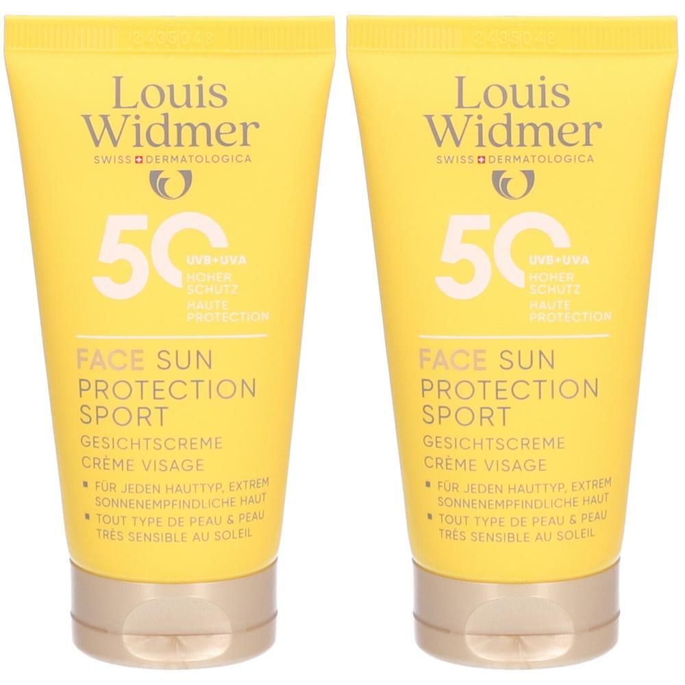 Deux tubes de Louis Widmer Face Sun Protection Sport SPF50 jaunes.
