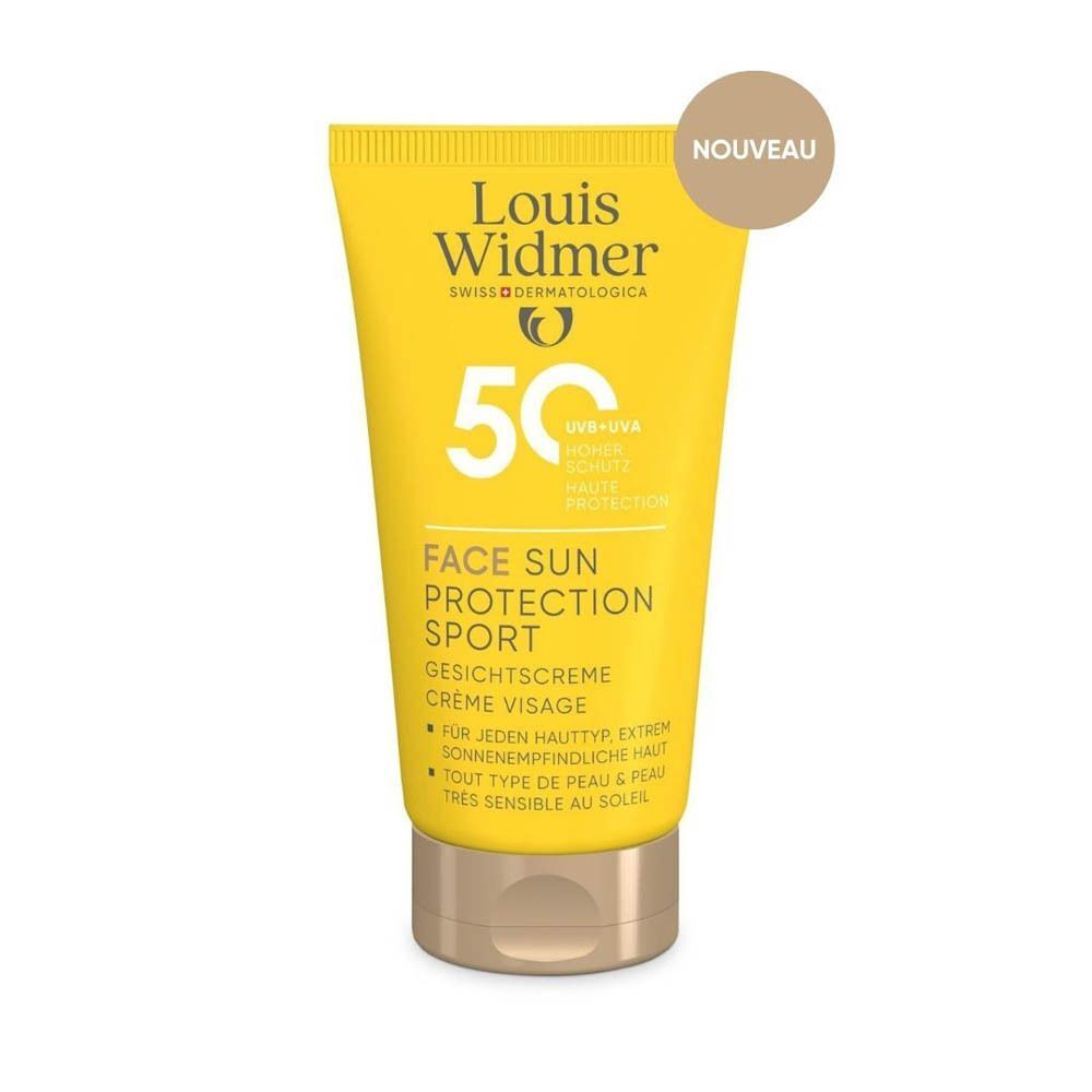 Un tube jaune Louis Widmer Face Sun Protection Sport SPF50 avec texte français.