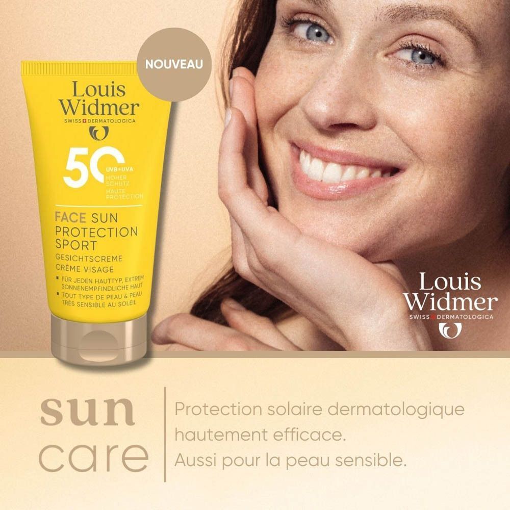 Un tube jaune Louis Widmer Face Sun Protection Sport SPF50 avec texte français.