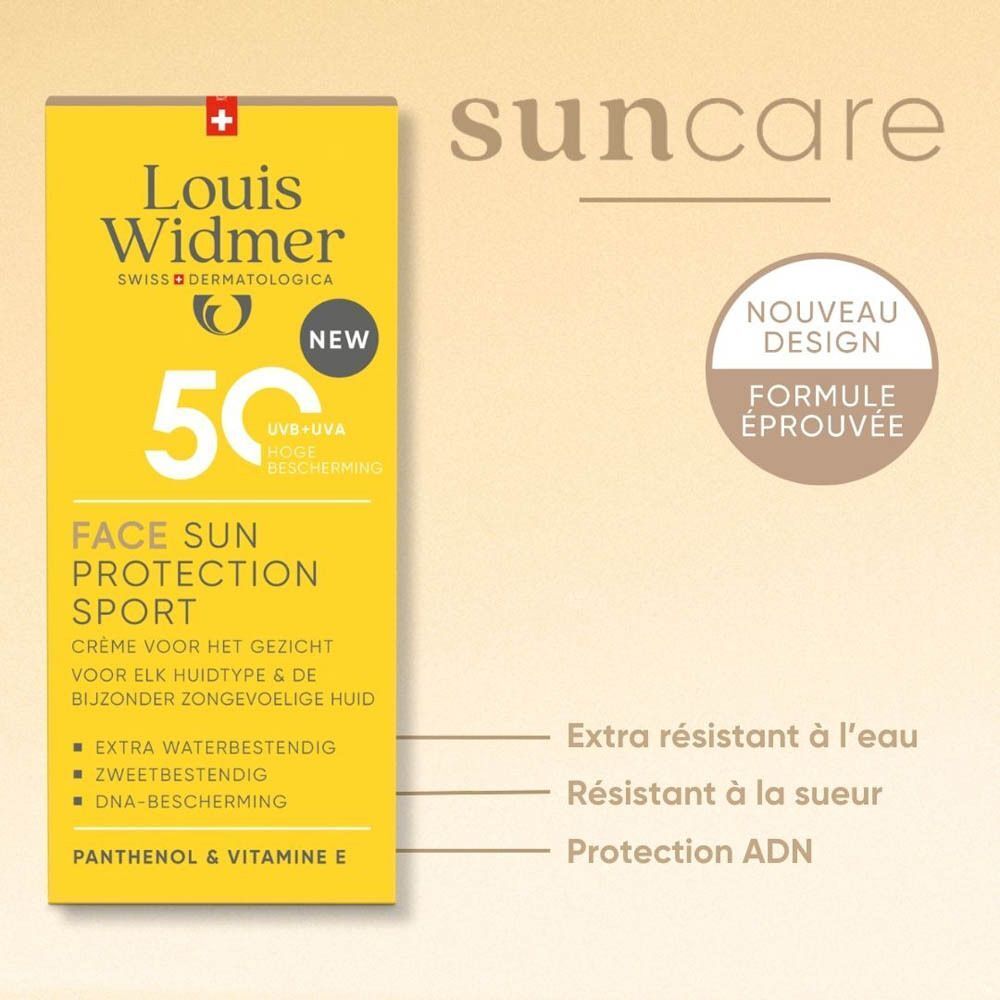 Un tube jaune Louis Widmer Face Sun Protection Sport SPF50 avec texte français.