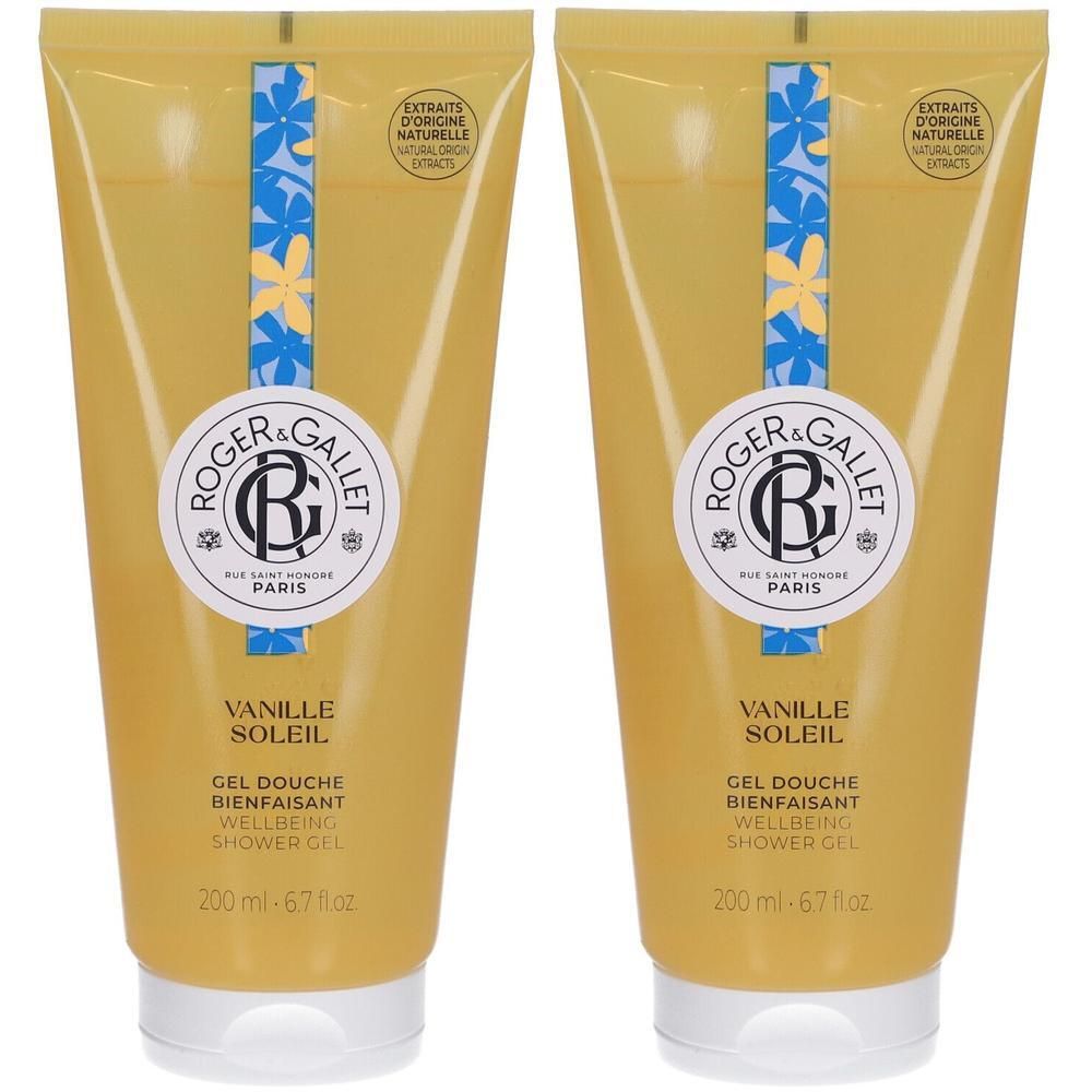 Deux tubes jaunes de gel douche Roger&Gallet Vanille Soleil, 200 ml.