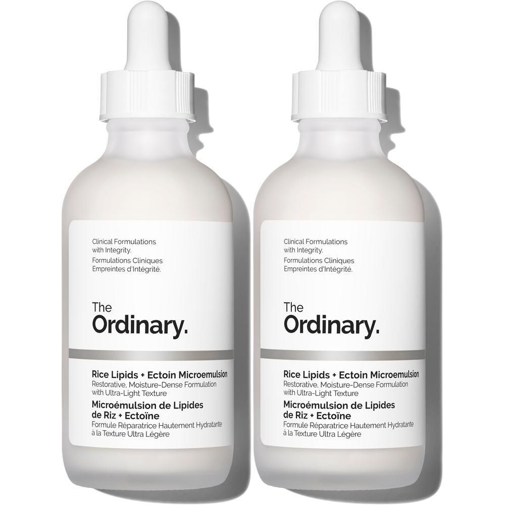 Deux flacons The Ordinary Rice Lipids + Ectoin Microemulsion avec bouchon compte-gouttes.
