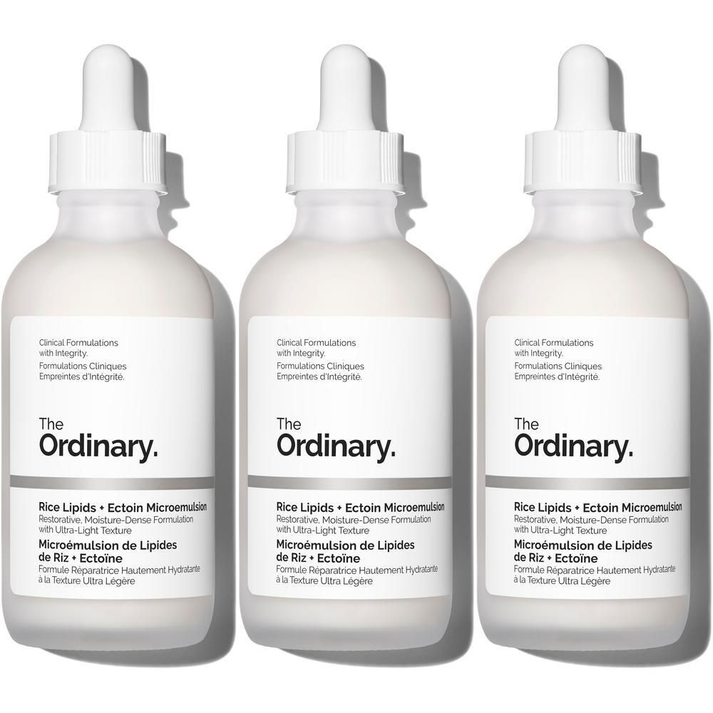 Trois flacons du produit 'The Ordinary Rice Lipids + Ectoin Microemulsion'.