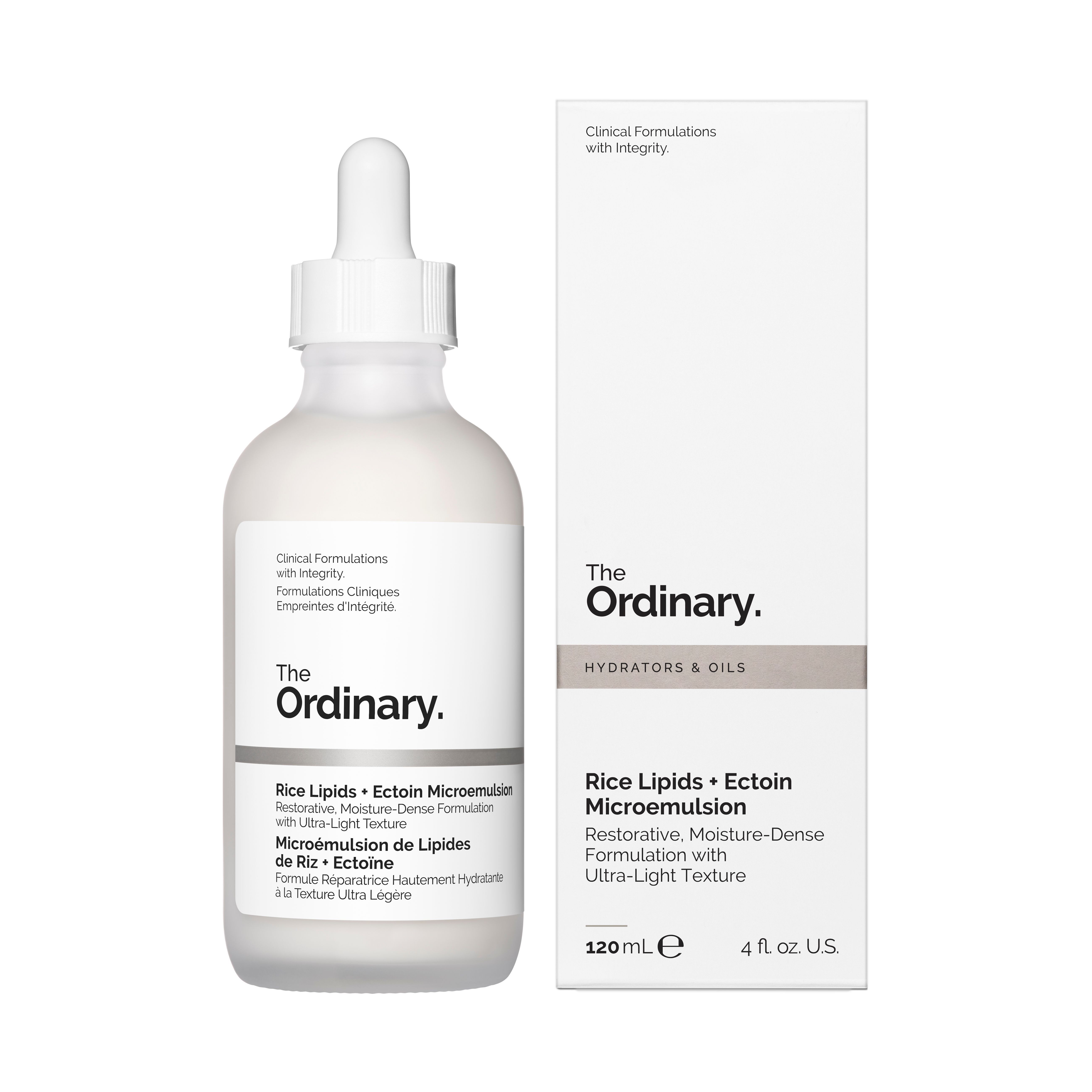 Un flacon et une boîte du produit 'The Ordinary Rice Lipids + Ectoin Microemulsion'.