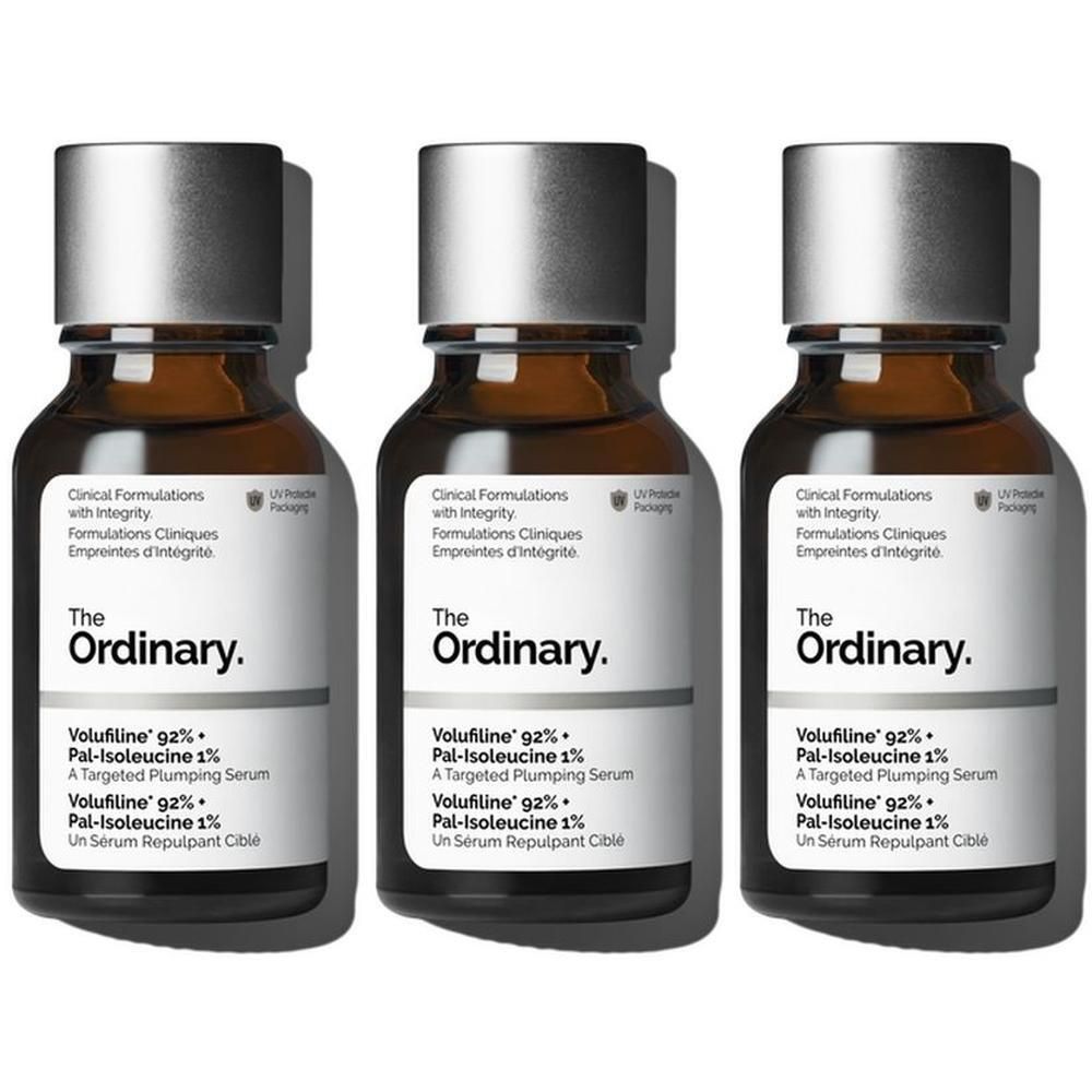 Trois flacons en verre brun avec bouchons argentés, chacun étiqueté 'The Ordinary Volufiline 92% + Pal-Isoleucine 1%'.