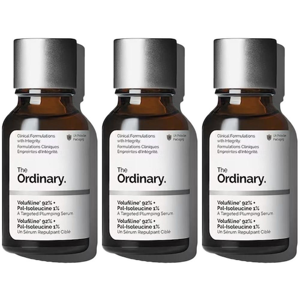 Trois flacons en verre brun avec bouchons argentés, chacun étiqueté 'The Ordinary Volufiline 92% + Pal-Isoleucine 1%'.