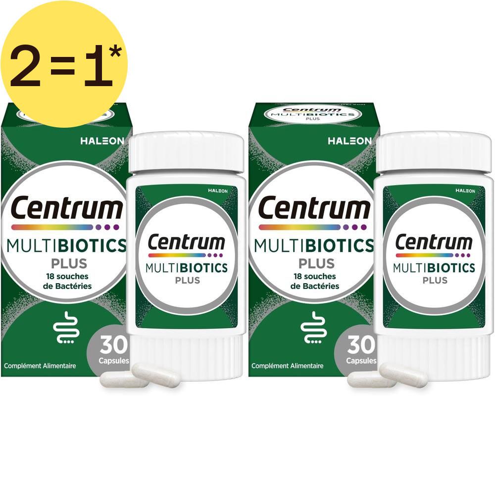 Deux paquets de Centrum MultiBiotics Plus, chacun contenant 30 gélules.