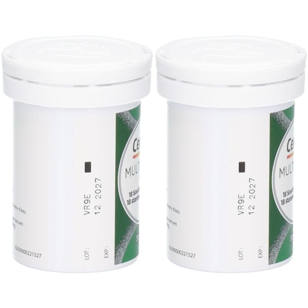 Deux flacons blancs de comprimés multivitaminés, étiquetés 'Ce MULTI'.
