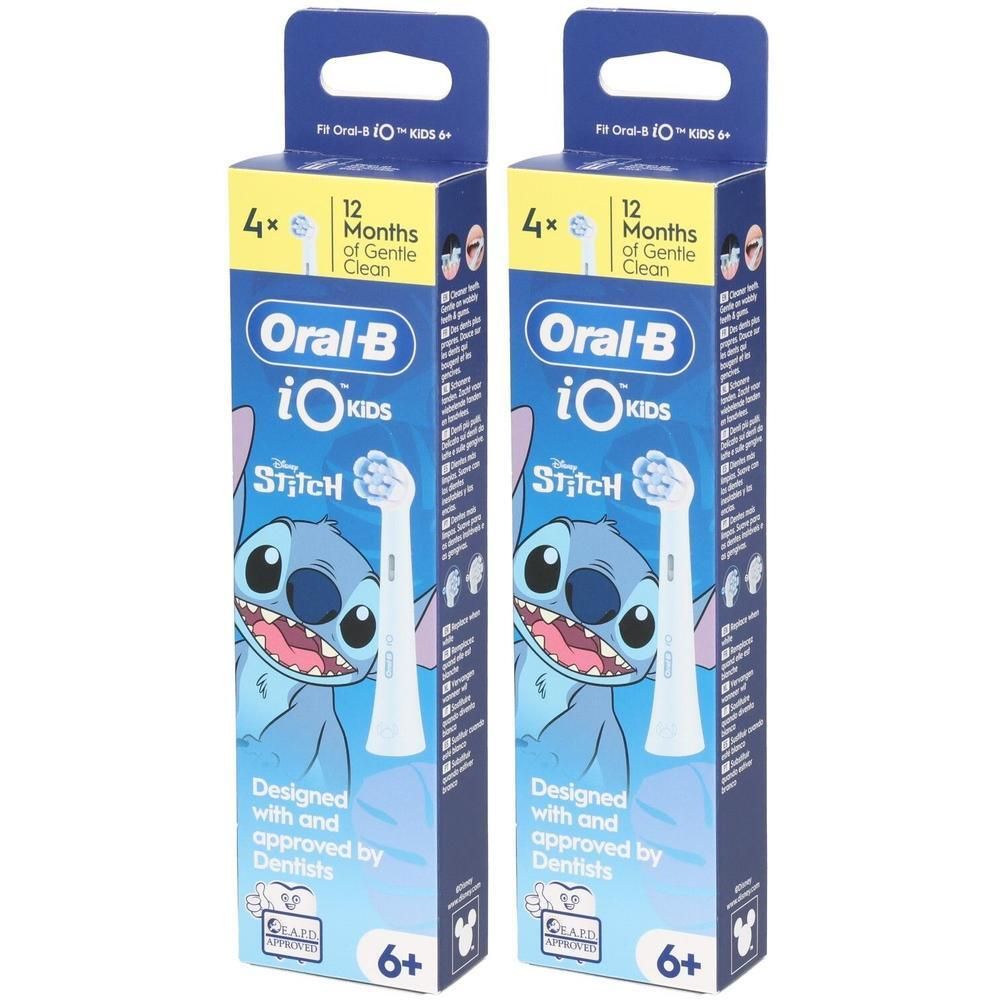 Deux paquets de têtes de brosse Oral-B iO Kids avec motif Disney Stitch.