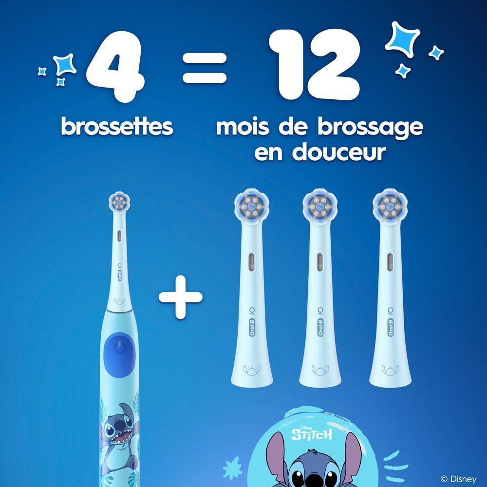 Trois têtes de brosse Oral-B iO Kids avec des icônes imprimées Disney Stitch.