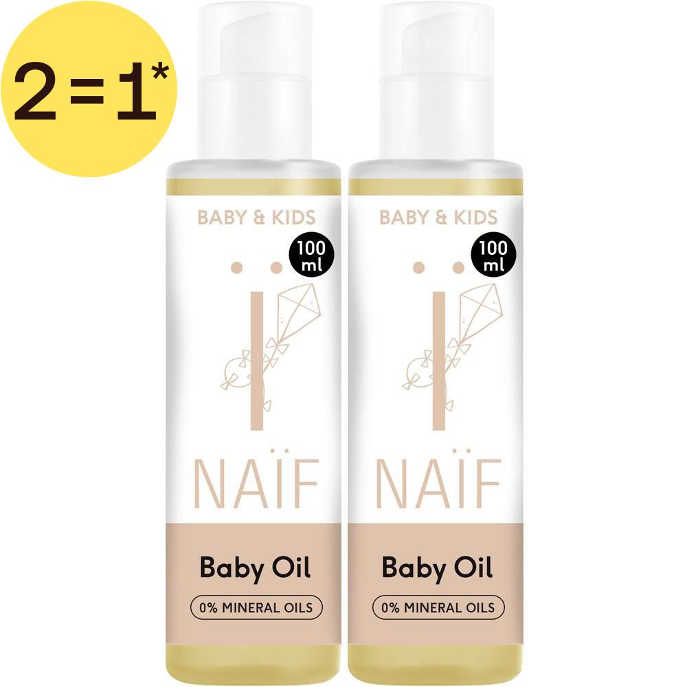 Deux flacons d'huile pour bébé Naïf Baby & Kids, 100 ml, avec pompes.