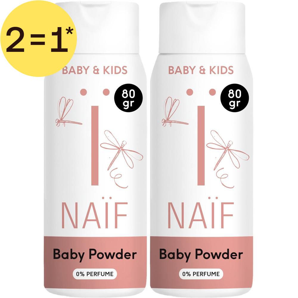 Deux flacons de poudre pour bébé Naïf, 80g, 100% naturel, 0% parfum, 0% talc.