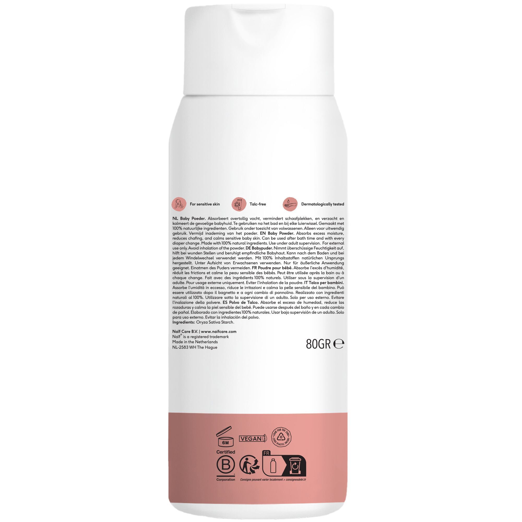 Arrière d'un flacon de Naïf Baby Powder avec informations produit et logos (Vegan, Allergy Certified).