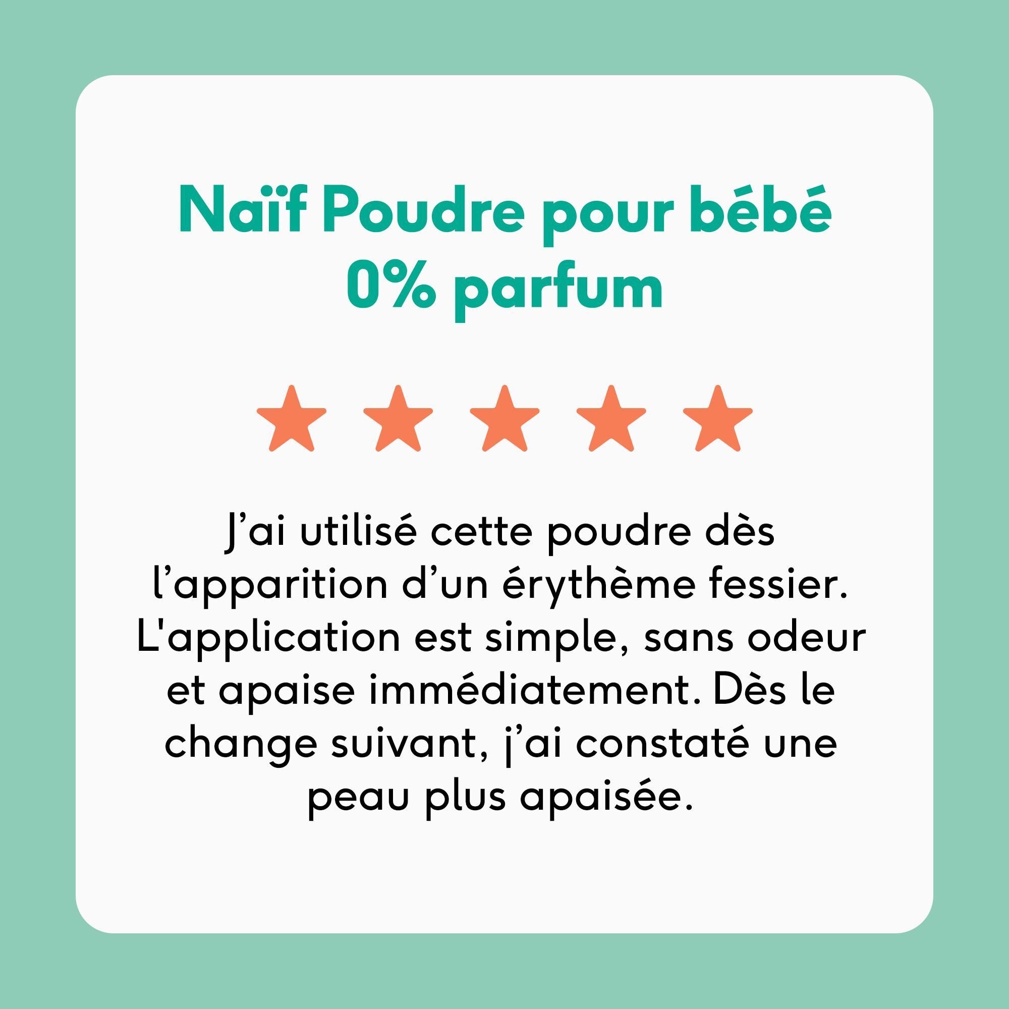 Extrait d'un avis client pour Naïf Baby Powder, noté 5 étoiles.