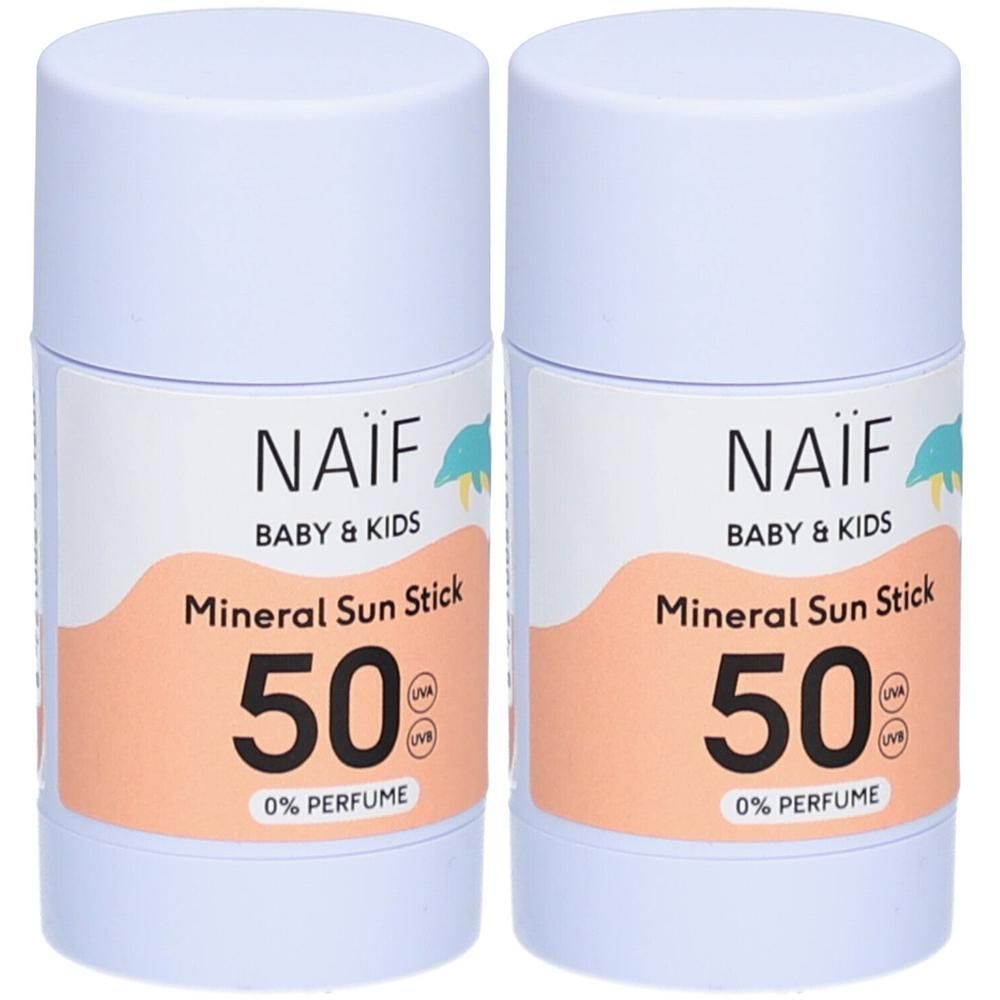 Deux bâtons de protection solaire minérale Naïf LSF 50, sans parfum.