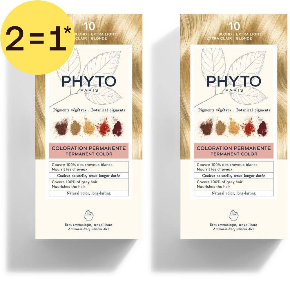Deux boîtes de PHYTOCOLOR 10 Blond Extra Clair coloration permanente enrichie en pigments végétaux.