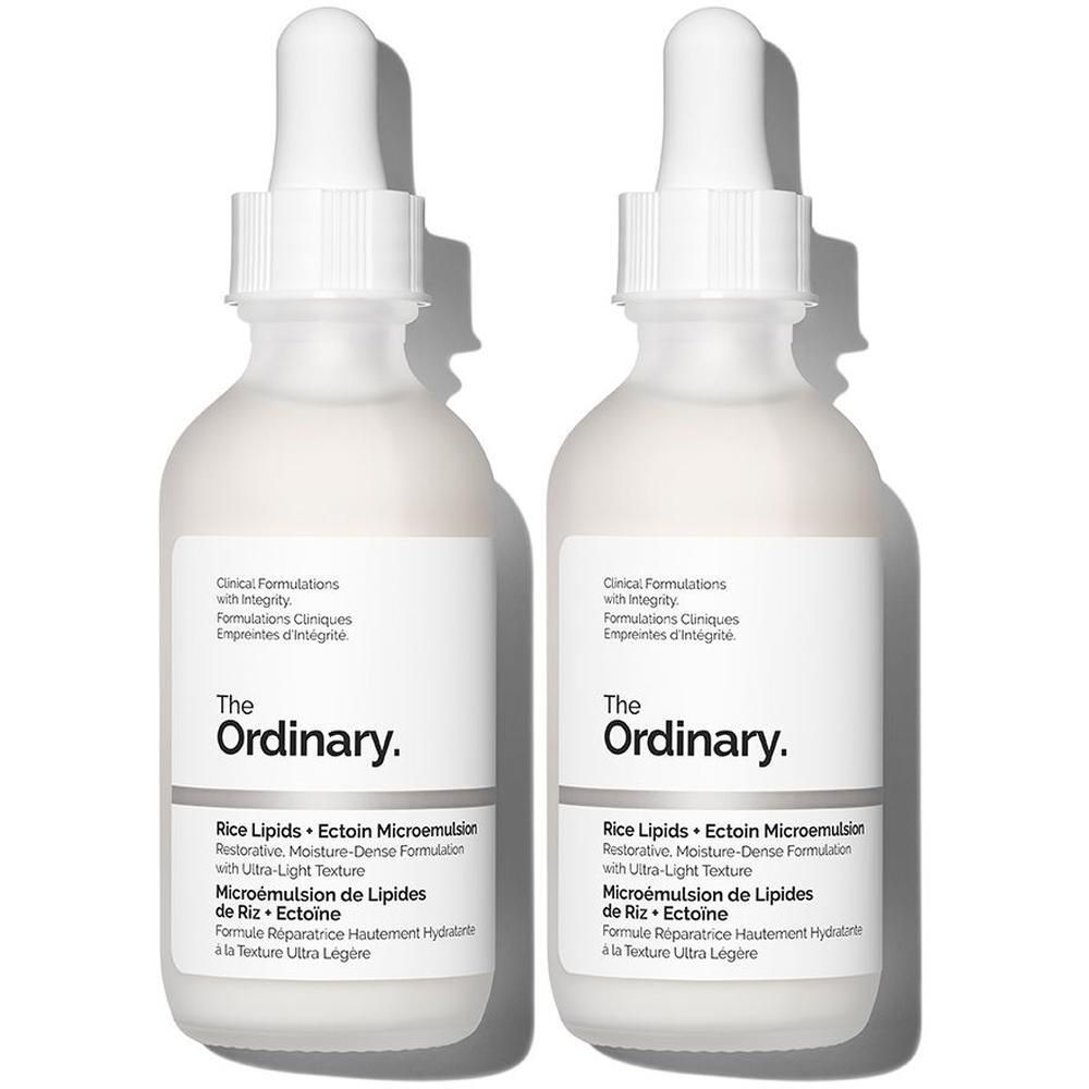 Deux flacons du produit The Ordinary Rice Lipids + Ectoin Microemulsion.