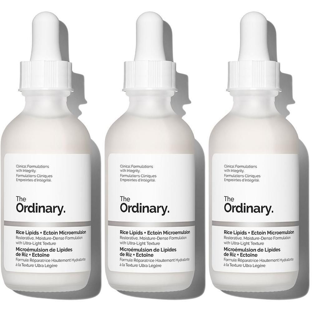 Trois flacons du produit 'The Ordinary Rice Lipids + Ectoin Microemulsion'.