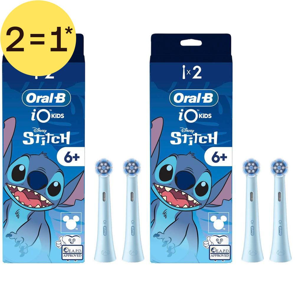 Deux paquets de brosses à dents Oral-B iO Kids de remplacement, motif Disney Stitch.