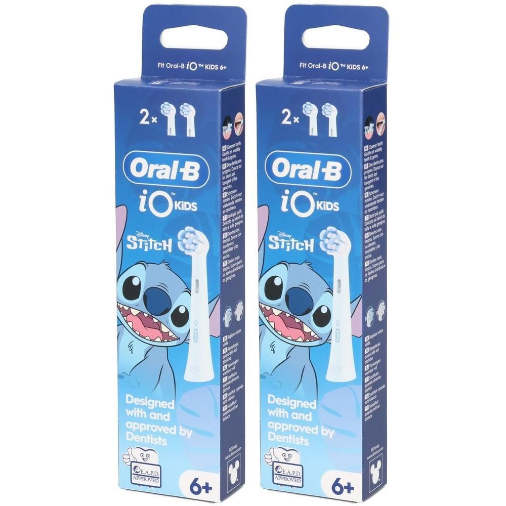 Deux paquets de brosses à dents Oral-B iO Kids de remplacement, motif Disney Stitch.