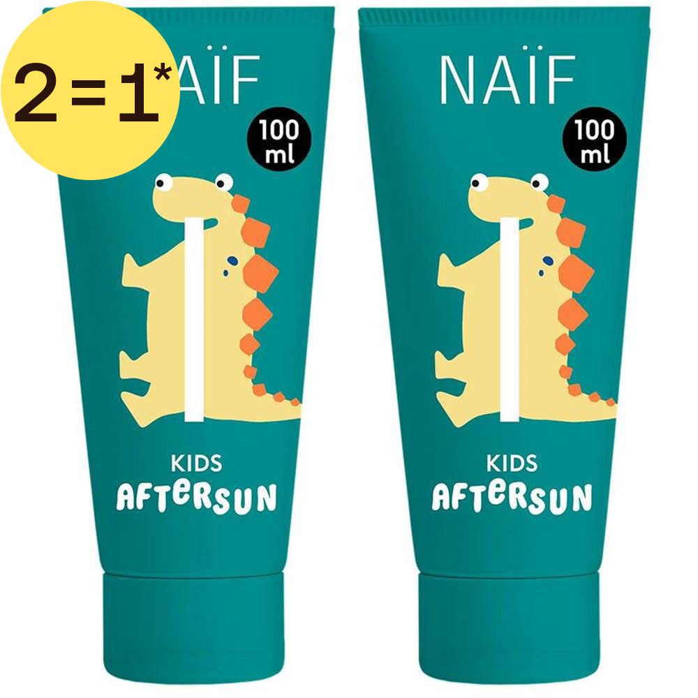Deux tubes de Naïf Kids After-Sun (100 ml) avec motif dinosaure et autocollant "2=1".