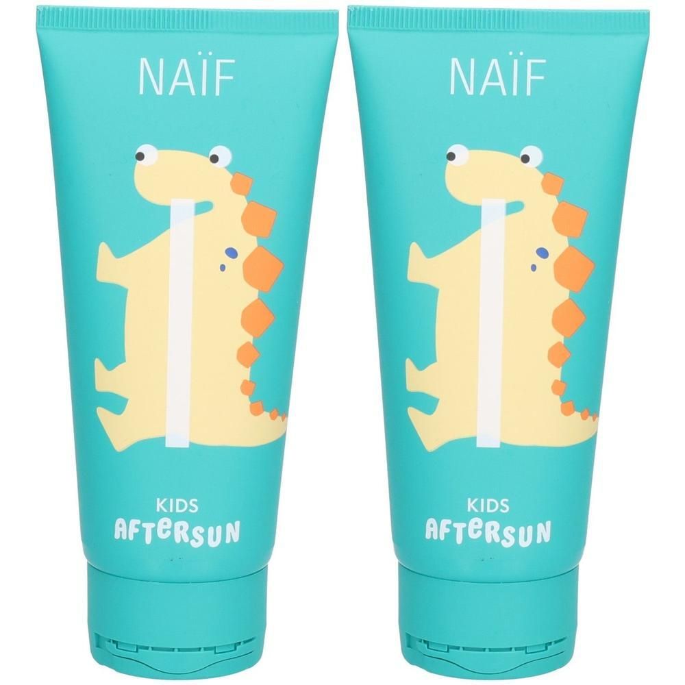 Deux tubes de Naïf Kids After-Sun avec motif dinosaure.
