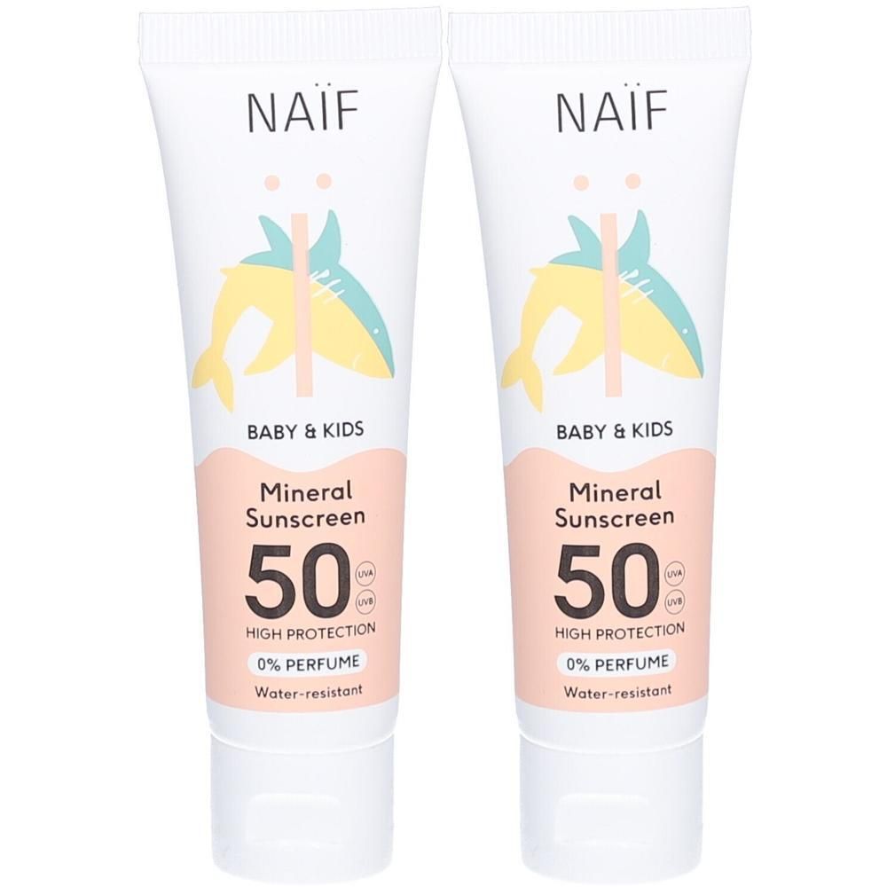 Deux tubes de crème solaire minérale Naïf SPF 50 pour bébé et enfants. Haute protection, sans parfum, résistant à l'eau.