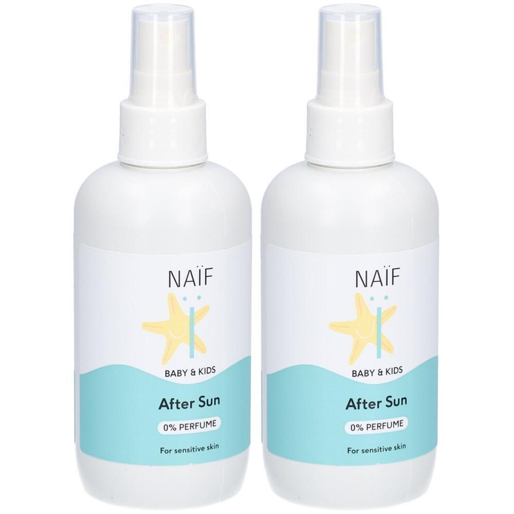 Deux flacons de spray après-soleil Naïf pour bébé et enfants, 0% parfum.