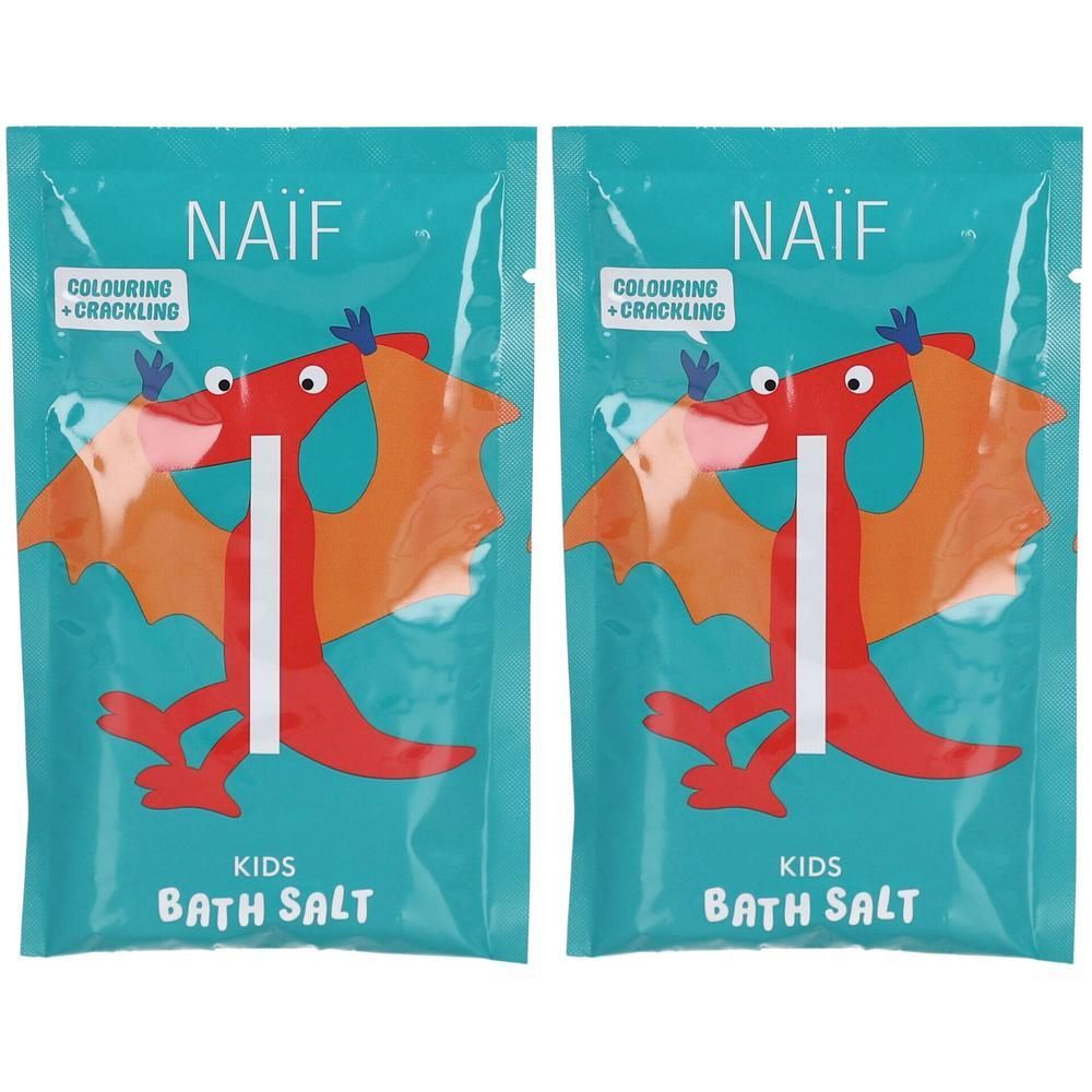 Deux paquets de sel de bain Naïf pour enfants, motif dragon. Texte : Colouring + Crackling, Kids Bath Salt.