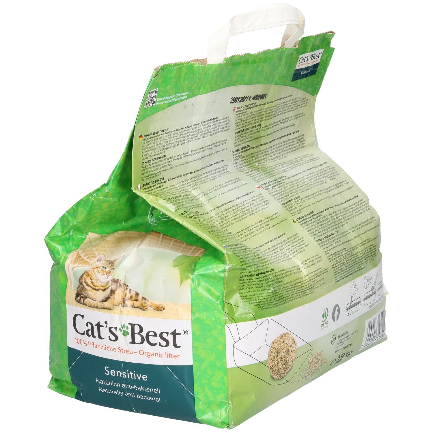 Arrière de l'emballage de litière Cat's Best Sensitive. Avec instructions d'utilisation et informations produit.