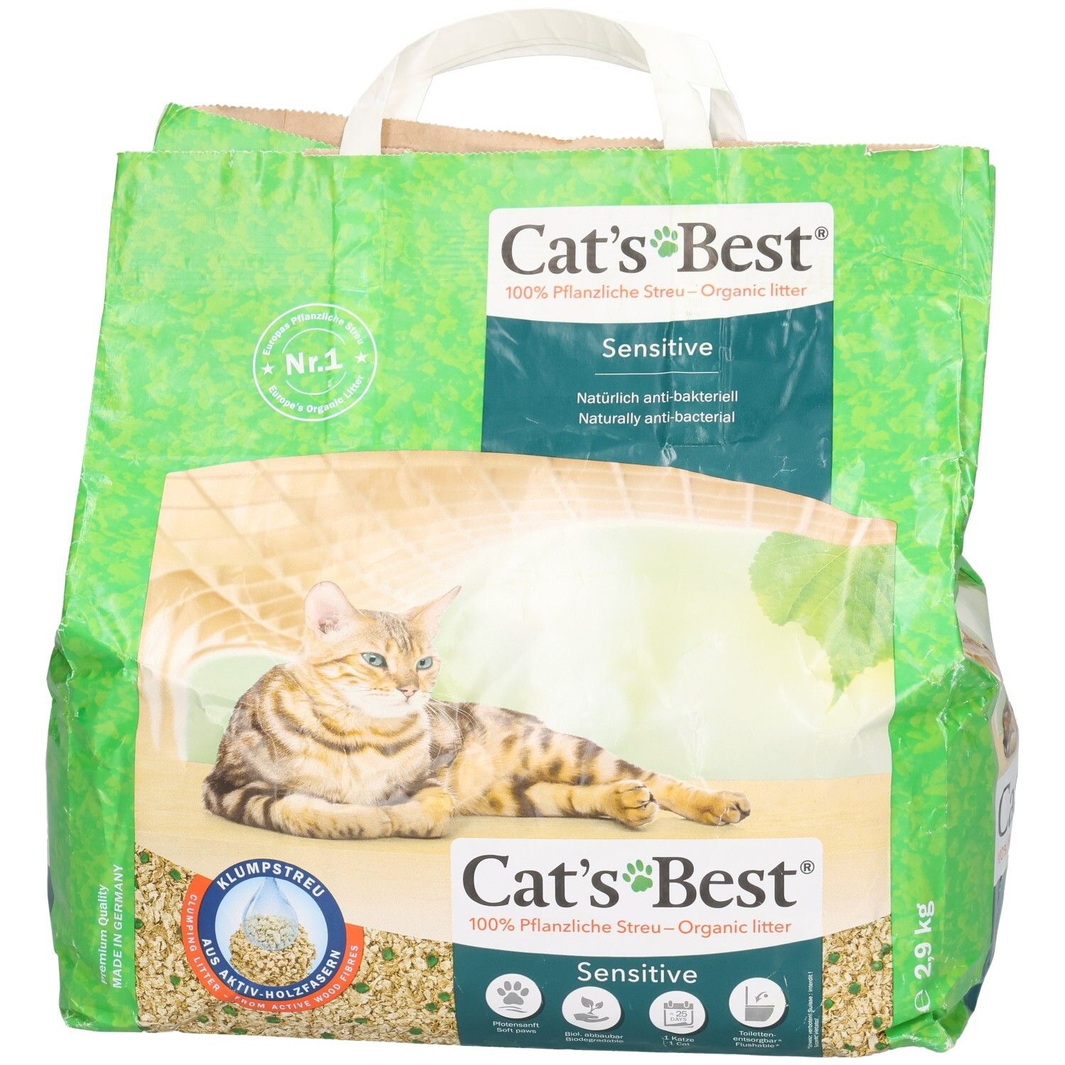 Litière Cat's Best Sensitive, 2,9 kg. Emballage vert avec chat, sceau 'N°1' et caractéristiques produit.