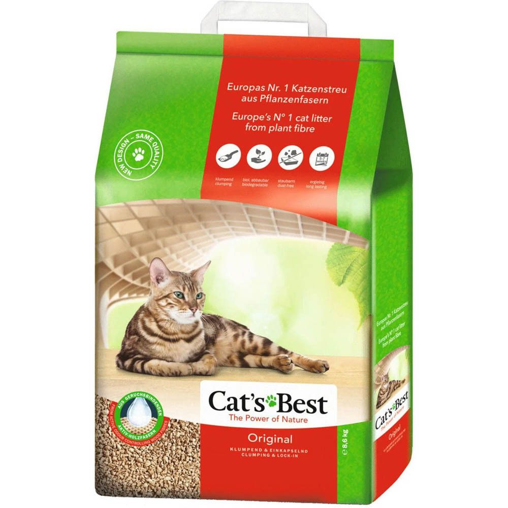 Sac d'agglomérant Cat's Best Original avec chat sur surface en bois, 8,6 kg.