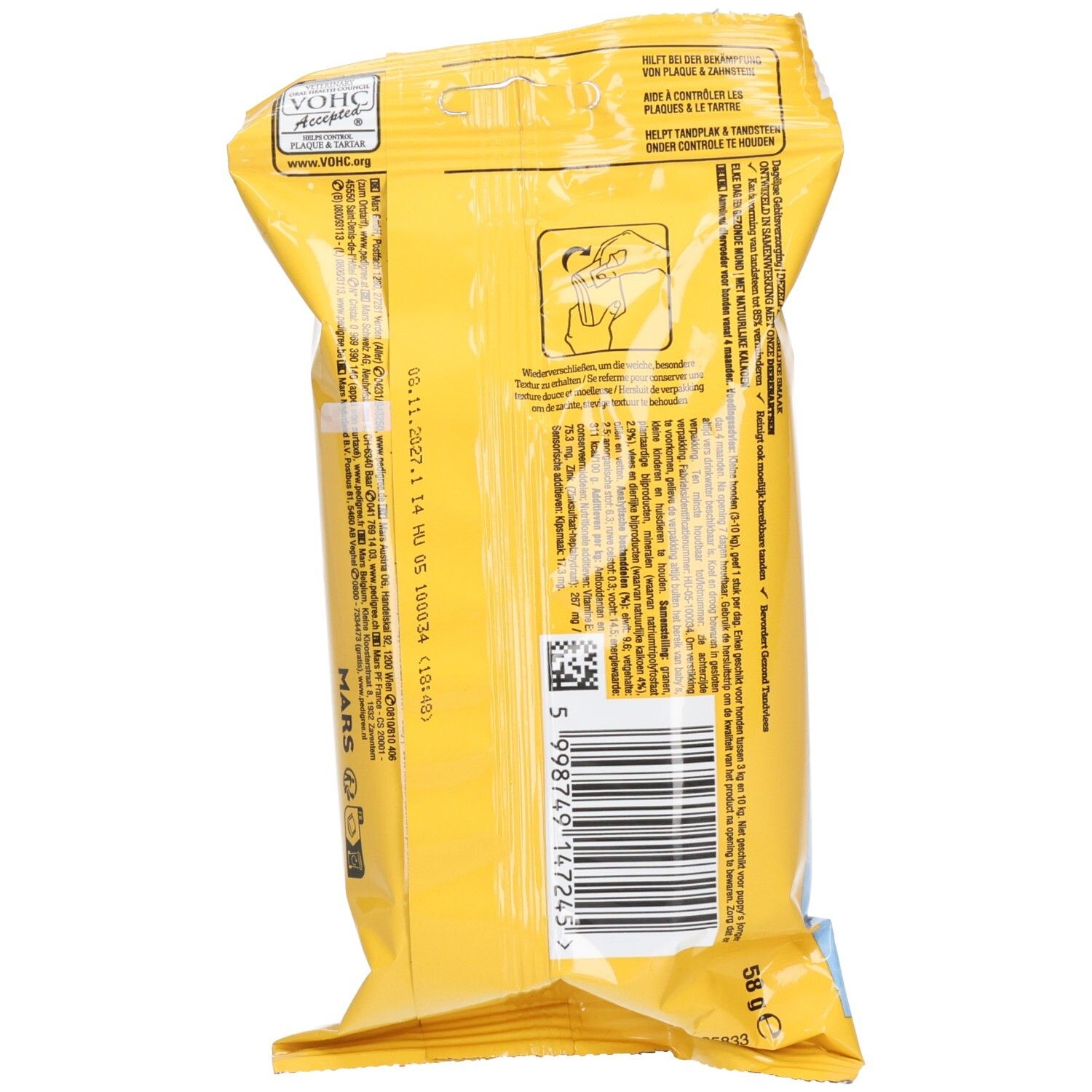 Arrière de l'emballage Pedigree Dentastix Light Mini avec code-barres et informations.