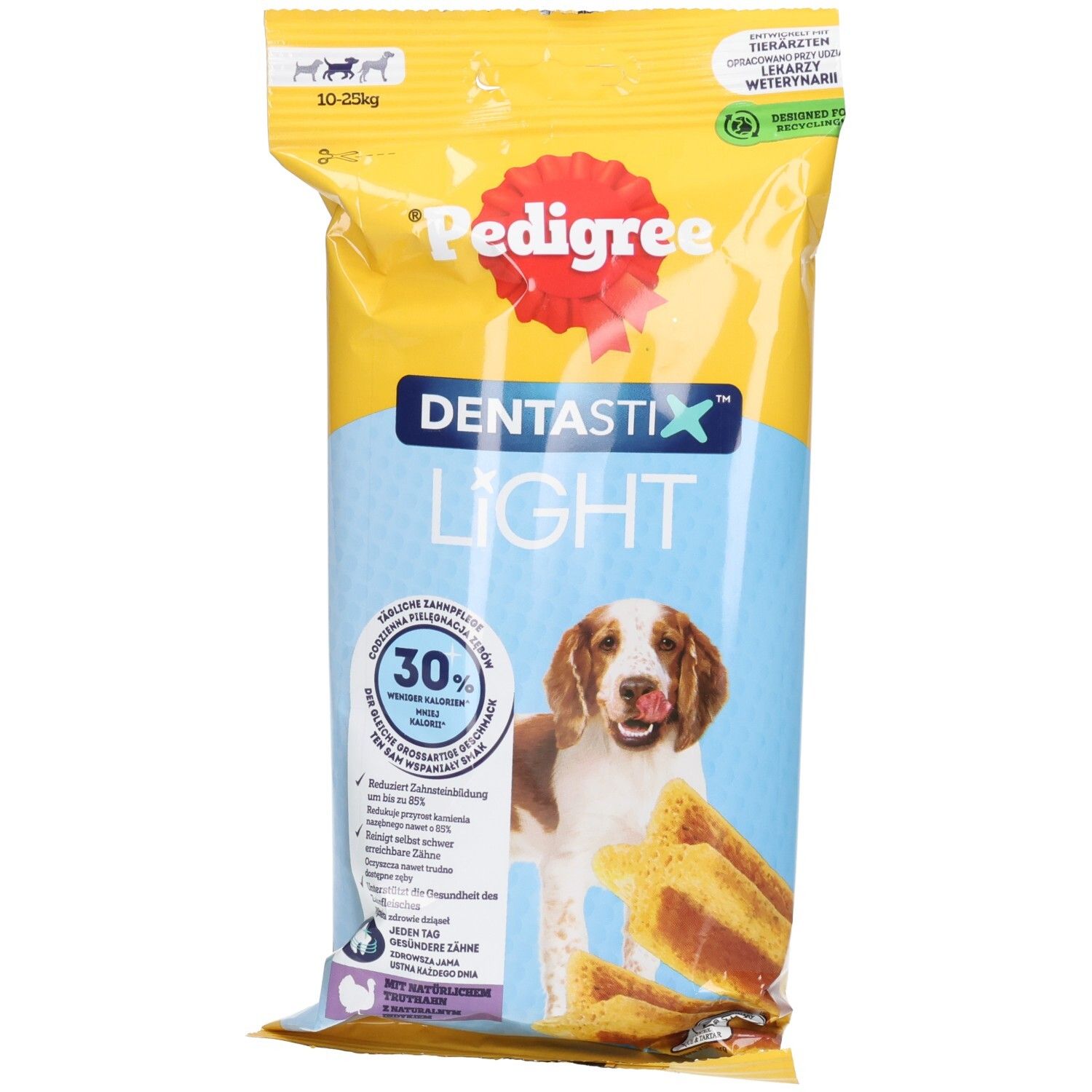 Friandises Pedigree Dentastix Light Medium pour chiens, emballage jaune. Contient 30% de calories en moins.